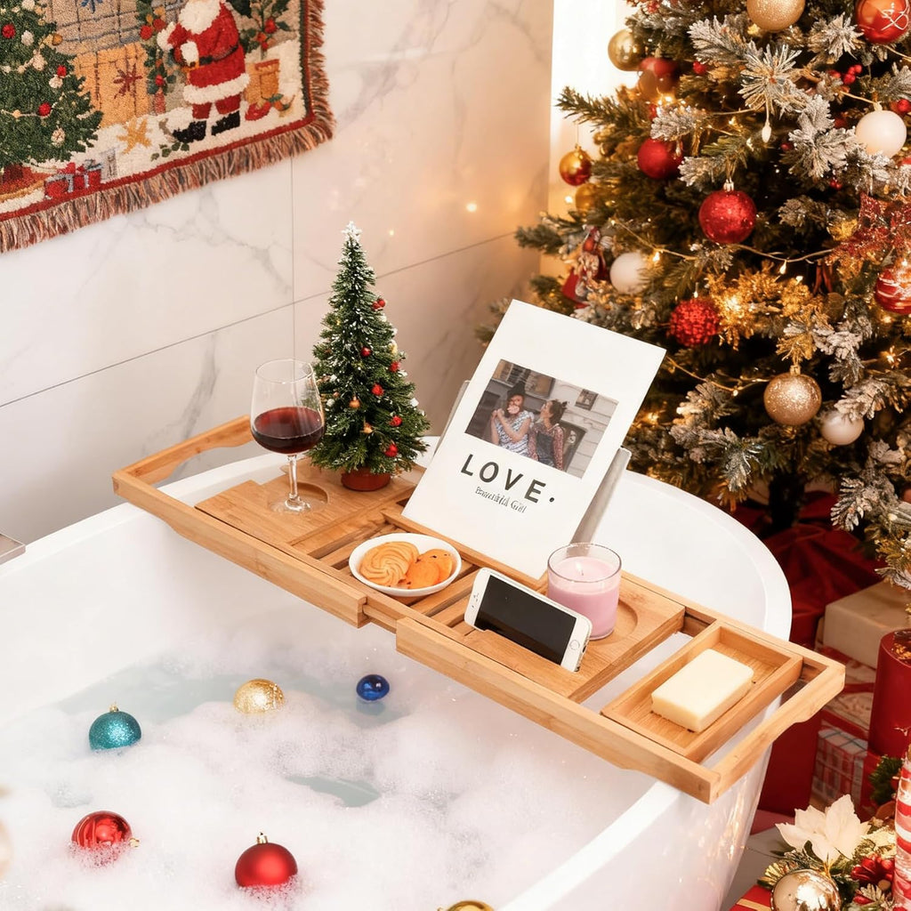 Utoplike Bamboo Bathtub Caddy Tray Bath Tray for Tub, Adjustable Bathroom Bathtub Organizer with Book Tablet Wine Glass Cup Towel Holder