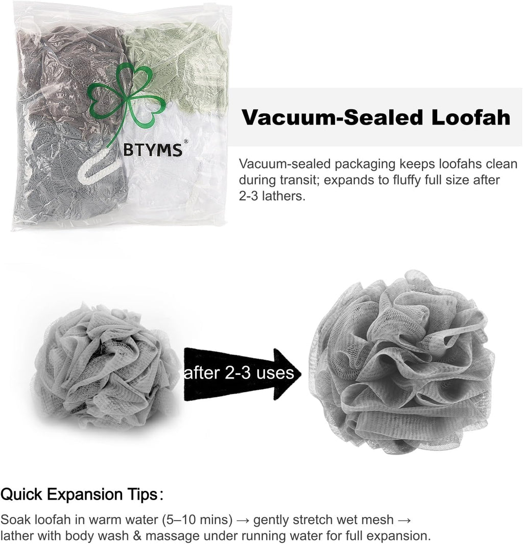 BTYMS Premium Mesh Poufs - Exfoliating Bath Sponges & Shower Loofahs (Pack of 4) for Ultimate Body Wash Experience
