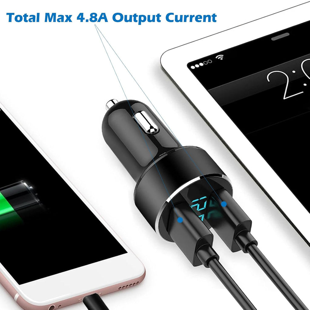 LIHAN 2 USB Car Charger,12V/24V Voltage Meter, Output 4.8A, Cigarette Lighter Plug Adapter Compatible with Iphone,Ipad, Samsung, USB Charging Devices, Black