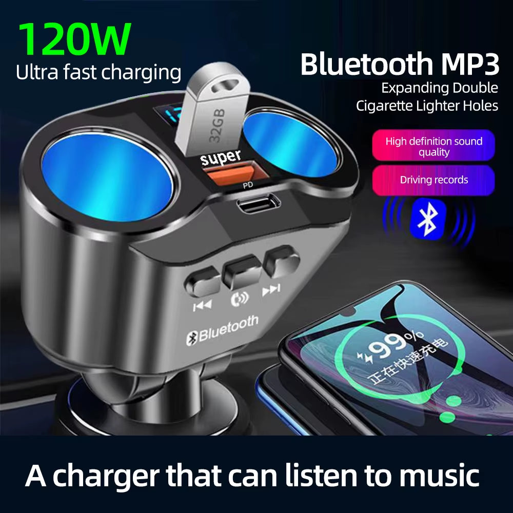 12V-24V Car Cigarette Lighter Socket Splitter Charger with PD QC3.0 Fast Charging, Dual USB Ports, 4.8A Output, and Digital Display Power Adapter