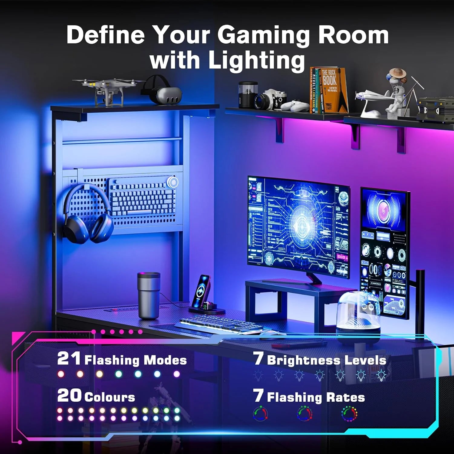 55" Gaming Desk with Adjustable Storage Rack & LED Lights, Power Outlets for Adult and Teen