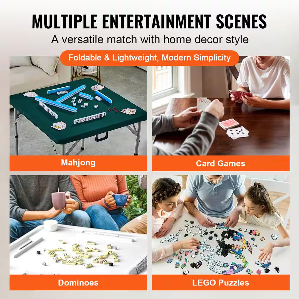 Mahjong Table Fold-In-Half 4 Player Card Table with Wear-Resistant Green Tabletop Portable Square Domino Table