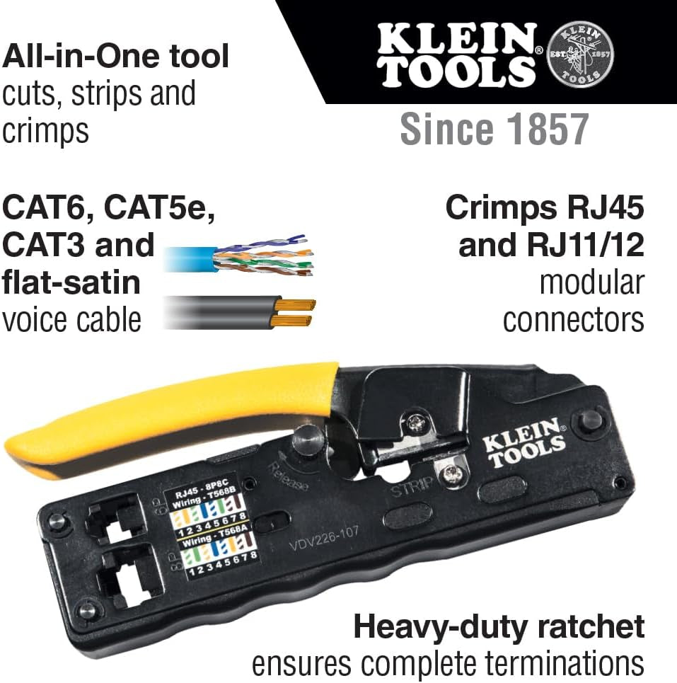 Klein Tools Compact Ratcheting Data Cable Crimper, Wire Stripper & Cutter - Perfect for CAT6, CAT5, CAT3 & Flat-Satin Voice Cables