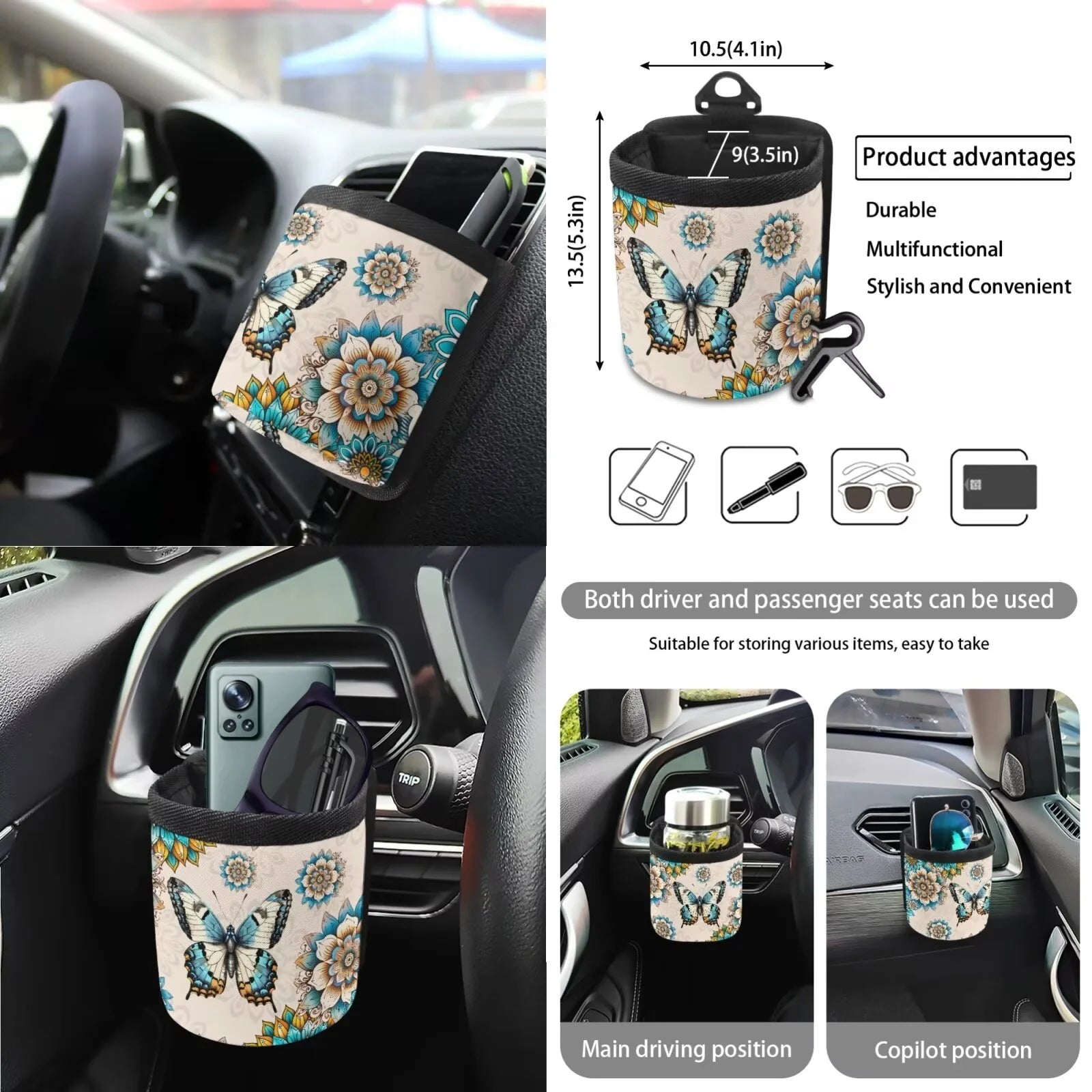 Butterfly Car Seat Covers Full Set for Women Boho Car Accessories Set 15 Pcs Universal Fit Steering Wheel Cover and Seat Belt Pad for Most Cars, Suvs, Trucks