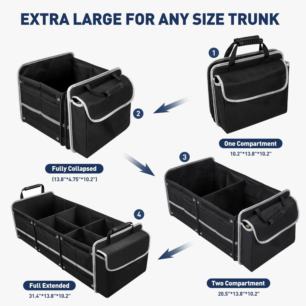 Car Storage Organizer, Collapsible Multi Compartment SUV Trunk Organizer with Leakproof Insulated Bag, Adjustable Securing Straps, Foldable Cover, Trunk Storage Box for Car, SUV, Truck, or Van