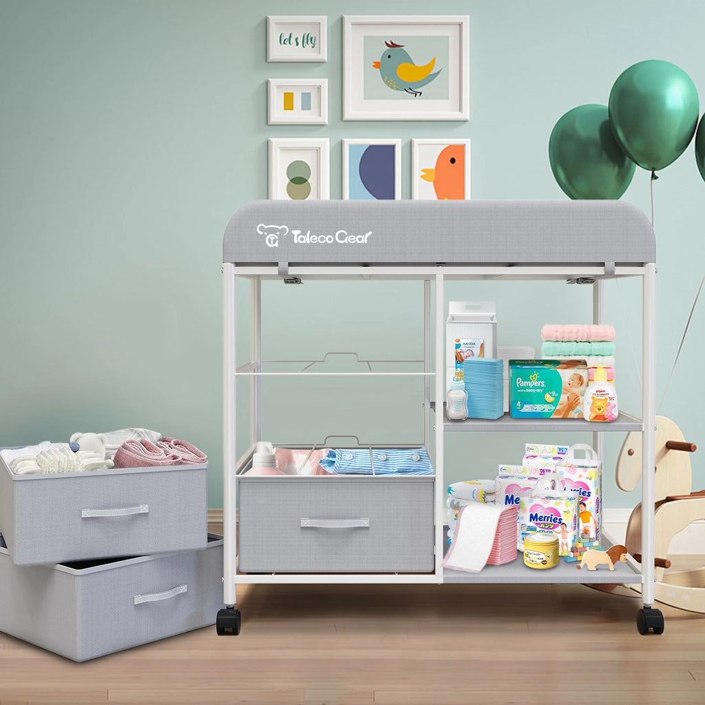 G TALECO GEAR Baby Changing Table, Portable Diaper Changing Station with Wheels, Nursery Organizer for Newborn and Infant, Light Gray