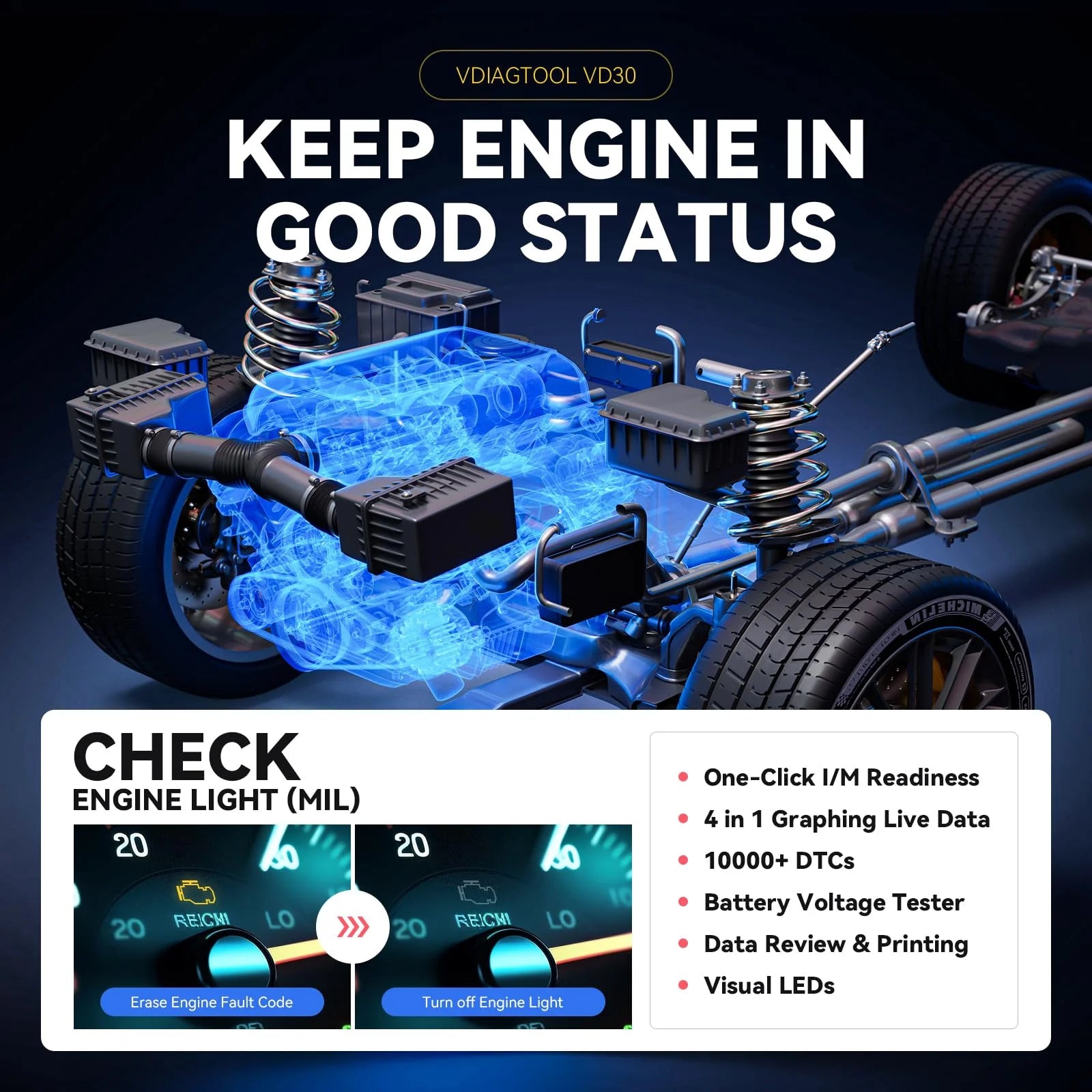 VDIAGTOOL VD30 Enhanced OBD2 Scanner, Universal Check Engine Light Car Code Reader, Auto Diagnostic Tool for All OBDII Vehicles, Free Update