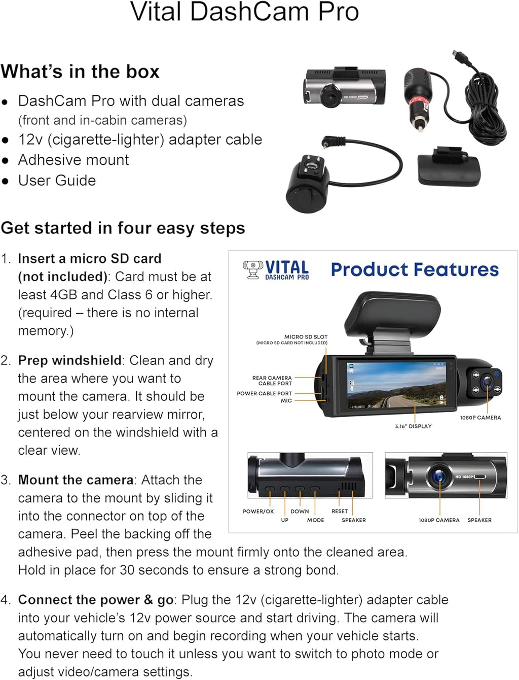 Vital Dash Camera Pro 2026 Dashcam Front and Rear Camera for Cars Dual Car Camera with Night Vision, G-Sensor 24/7 Parking Surveillance, Loop Recording, Wide Angle Easy Setup Vital Dash Cam Pro FHD