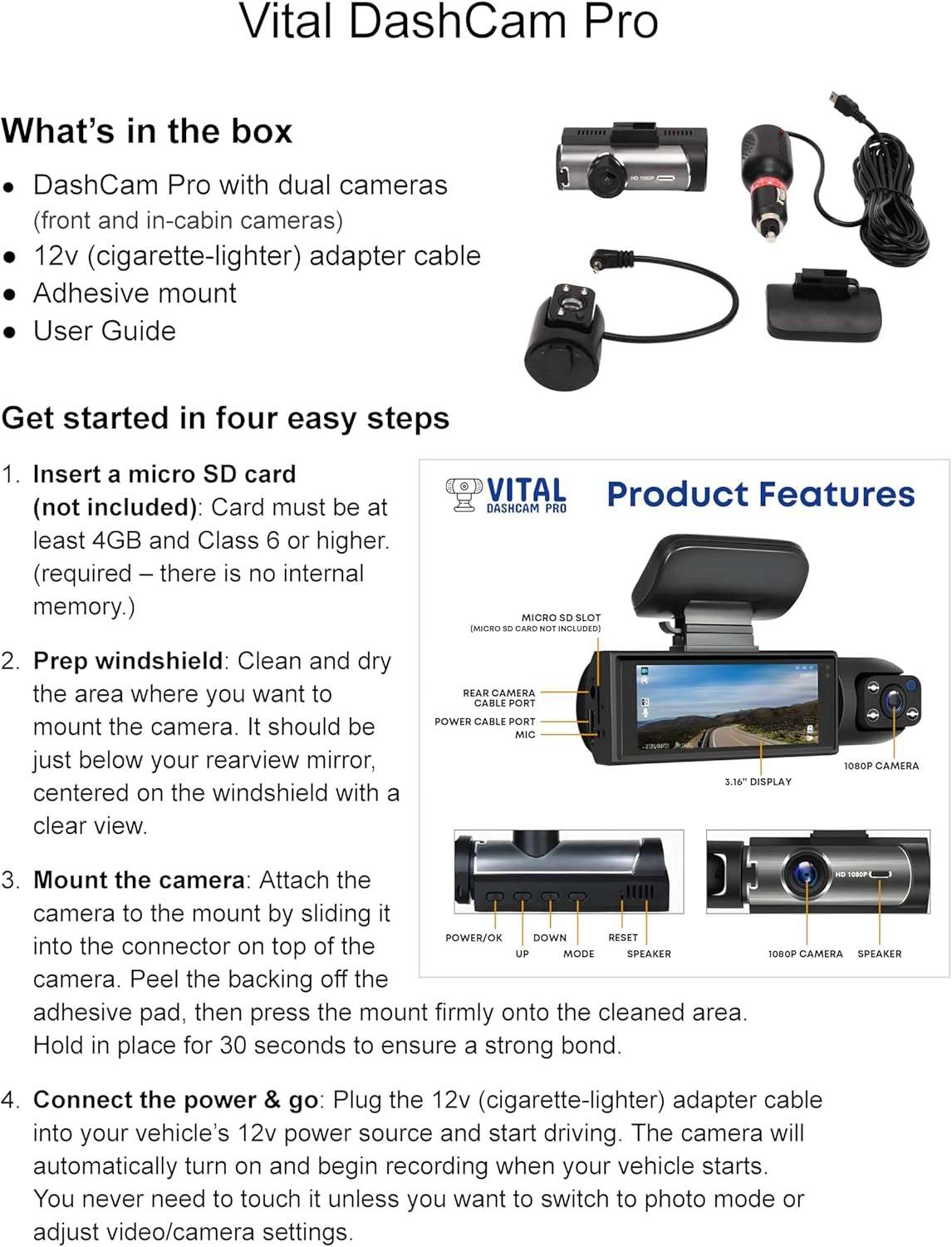 Vital Dash Camera Pro 2026 Dashcam Front and Rear Camera for Cars Dual Car Camera with Night Vision, G-Sensor 24/7 Parking Surveillance, Loop Recording, Wide Angle Easy Setup Vital Dash Cam Pro FHD