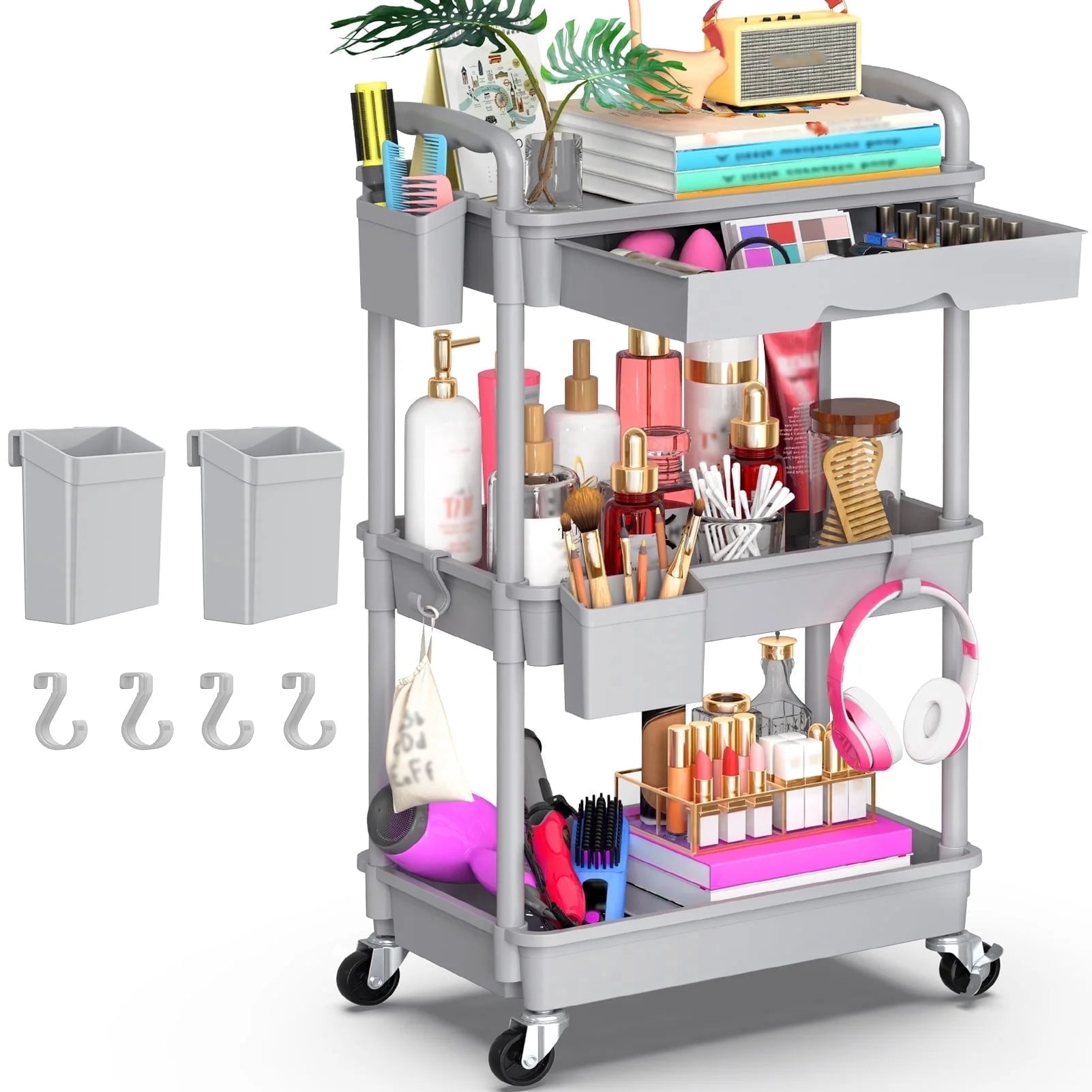 Yeabett 4 Tier Rolling Utility Cart Organizer with Removable Drawer, Mobile Storage Carts with 2 Lockable Wheels for Bathroom, Kitchen, Snack, Craft, Makeup, Baby Essentials, White