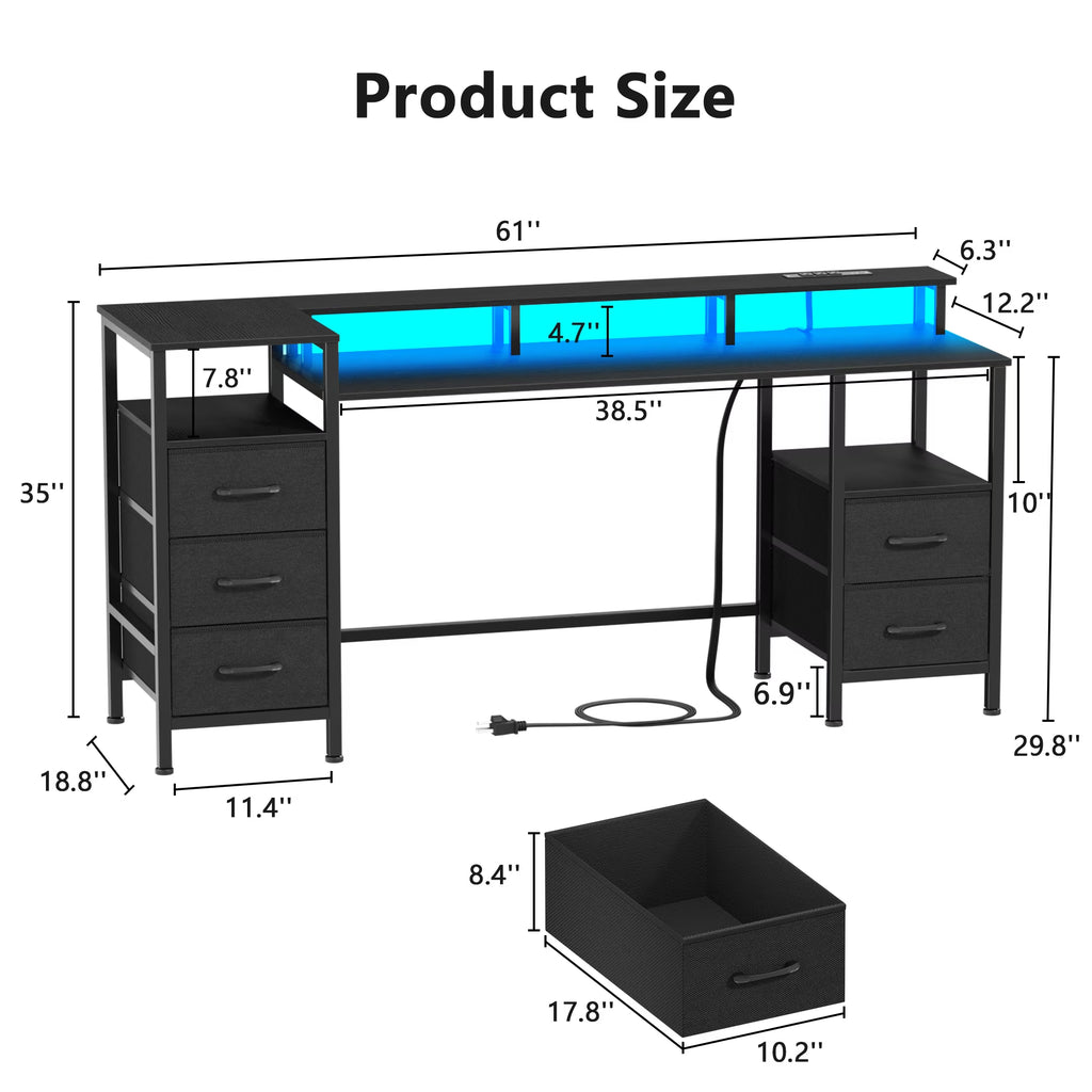 Gaming Desk with LED Lights & Power Outlets, 66" Computer Desk with 5 Fabric Drawers & Open Storage, Reversible Home Office Desk,Black