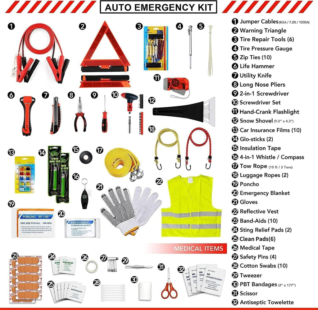 Car Emergency Kit, Premium Roadside Rescue Essentials, Ideal Car Road Safety Kit for Trucks, Rvs, Etc. (Red)