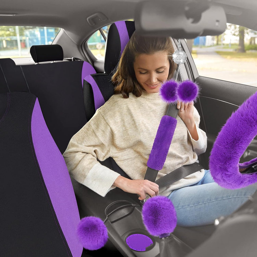Stylish Woanger 47-Piece Car Seat Cover Set for Women - Fluffy Steering Wheel Cover, Floor Mats & More in Purple & Black
