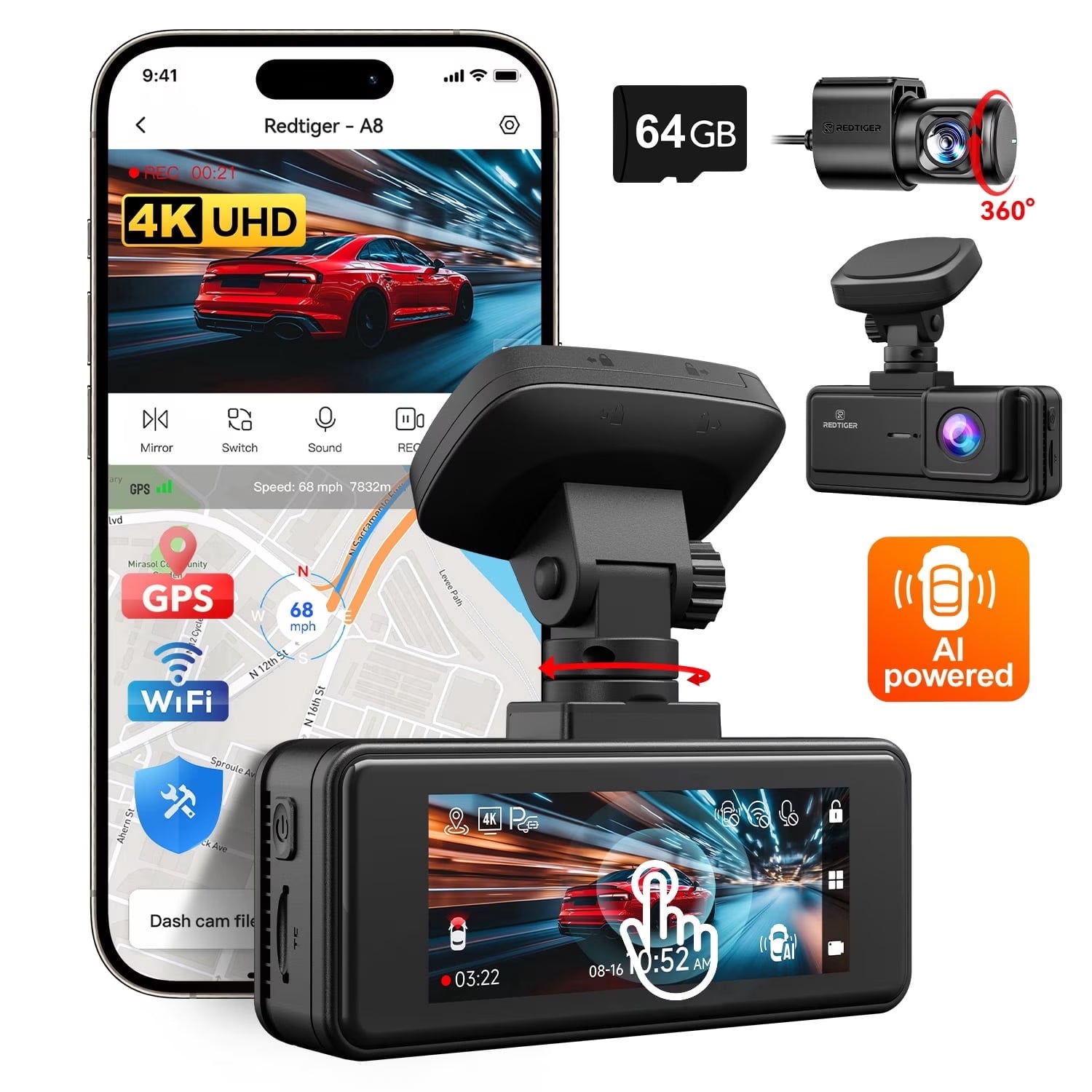 REDTIGER A8 Dash Cam Front and Rear, 4K Car Dash Camera with AI Driver Assistance, Built-In GPS, 3.18" IPS Touch Screen, Night Vision, 24H Parking Monitor, G-Sensor, Includes 64GB Card