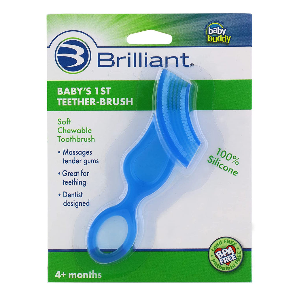 Brilliant Baby’S First Toothbrush & Teether - Dentist Recommended, Freezer-Safe Silicone for Ages 4+ Months, Teething Relief + Dental Care, Dishwasher Safe, Blue