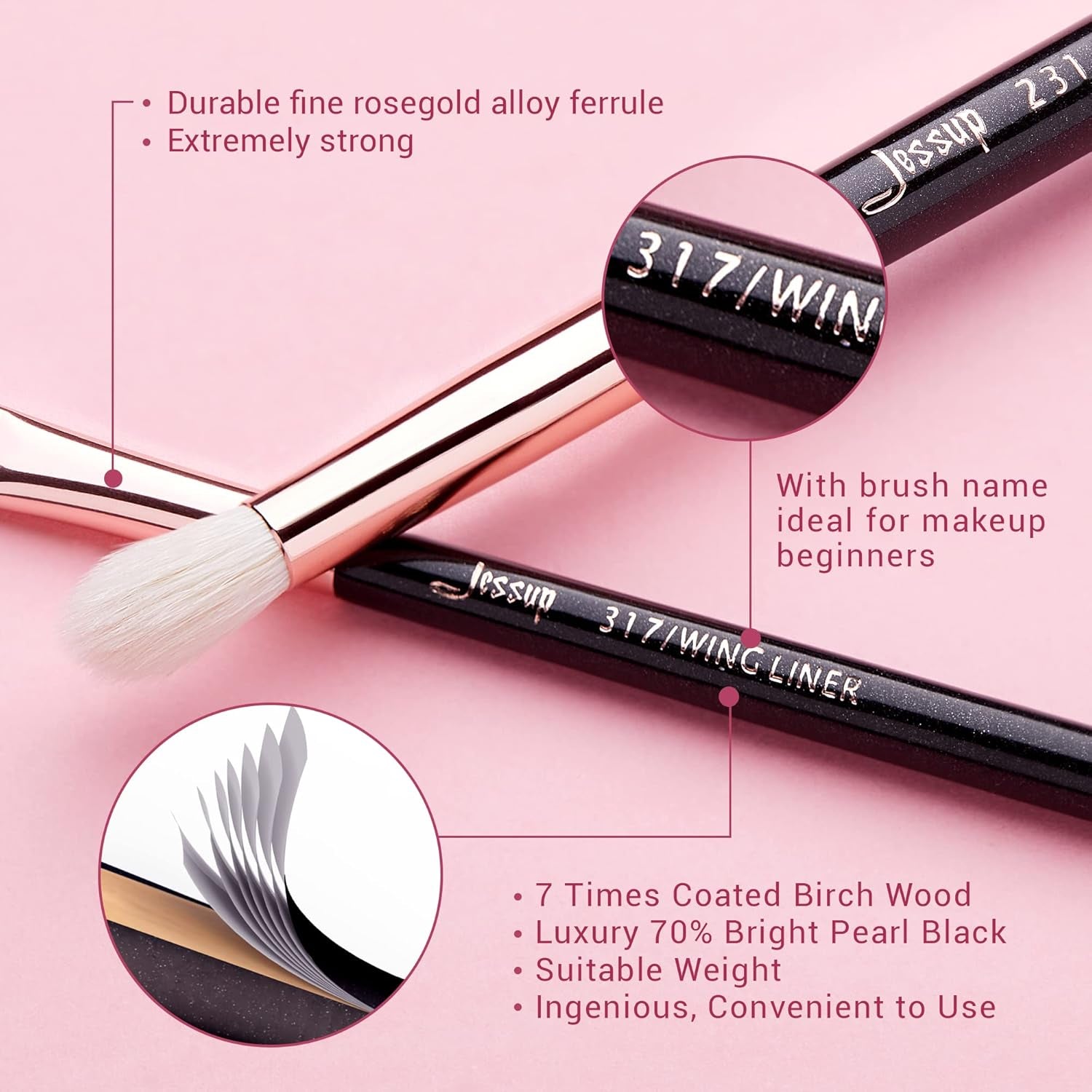 Jessup 15Pcs Professional Makeup Brushes Set Make up Brush Tools Kit Eye Liner Shader Wood Handle Natural-Synthetic Hair Brushes Pearl Black/Rose Gold T157