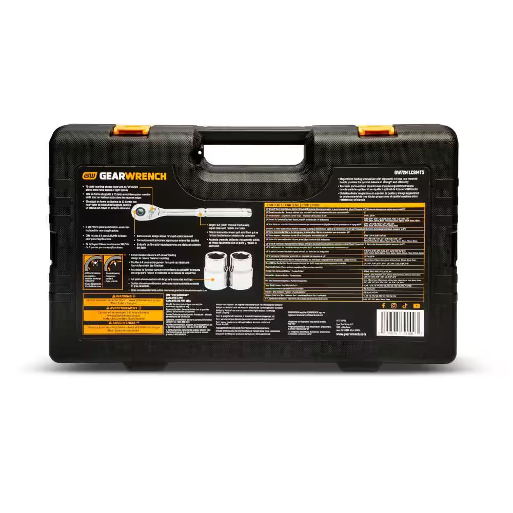 1/4 In., 3/8 In., and 1/2 In. Drive 72-Tooth 6-Point SAE/MM Mechanics Tool Set (202-Piece)