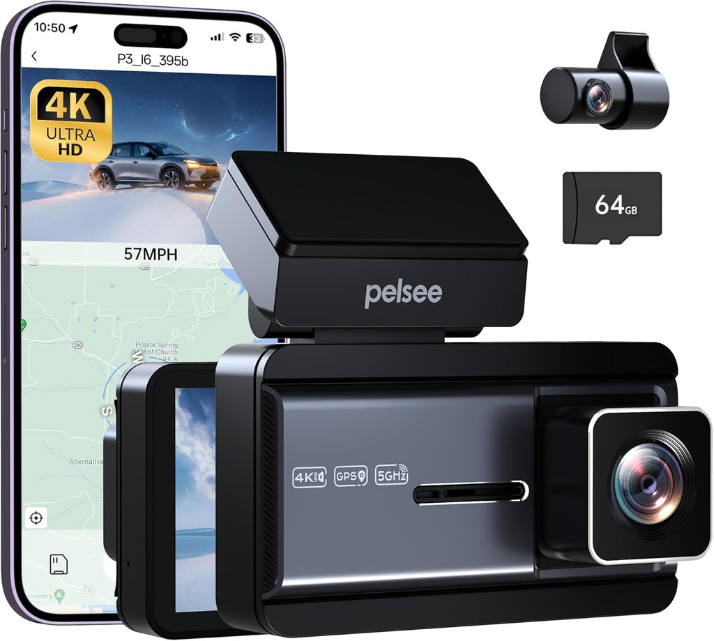 Pelsee 4K Dash Cam Front and Rear, 64GB SD Card, Dual Dash Camera for Cars with Wi-Fi, GPS, ADAS, BSD, LCA, 3’’ IPS Display Car Camera, APP & Voice Control, Night Vision, 24H Parking Mode