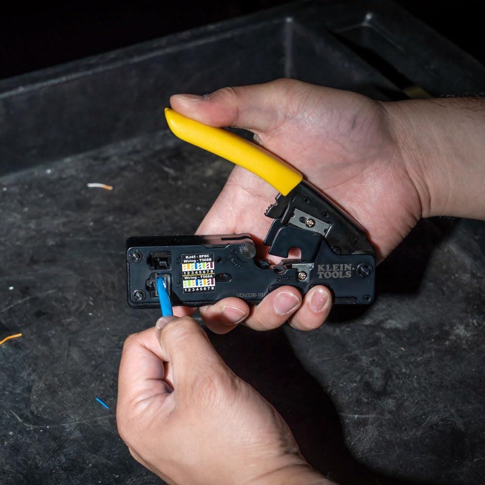 Klein Tools Compact Ratcheting Data Cable Crimper, Wire Stripper & Cutter - Perfect for CAT6, CAT5, CAT3 & Flat-Satin Voice Cables