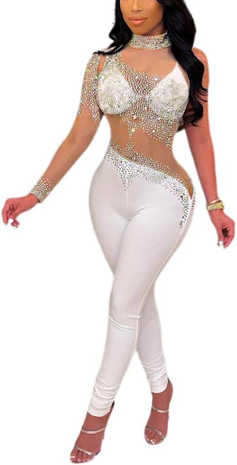 Mandonce Women'S Sexy Jumpsuit See through Mesh Top Shinny Rhinestone Bodycon Long Sleeve Outfits Night Club Wear