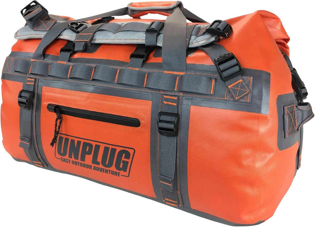 UNPLUG Ultimate Adventure | 1680D Heavy Duty Waterproof Bag | Large Travel Bag Which Can Be Used for Camping, Motorcycling, Boating, or Hunting| 65L Adventure Orange