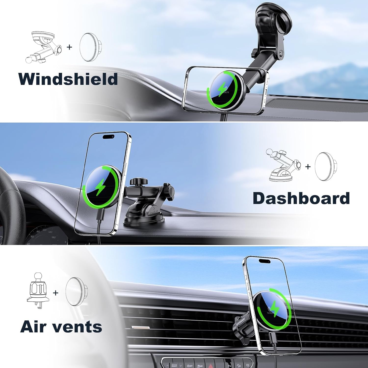 MOKPR for Mag-Safe Car Mount Charger, Magnetic Phone Holder for Your Car Charger Dash Windshield Vent Magnetic Wireless Car Charger Mount for Iphone 17 16 15 14 13 12