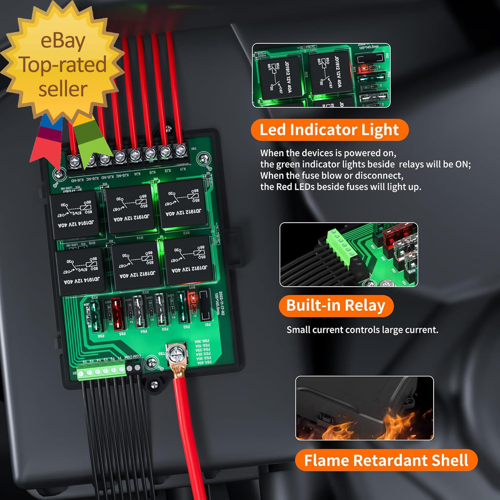 12V Automotive Universal Relay and Fuse Panel with 6-Way Relays