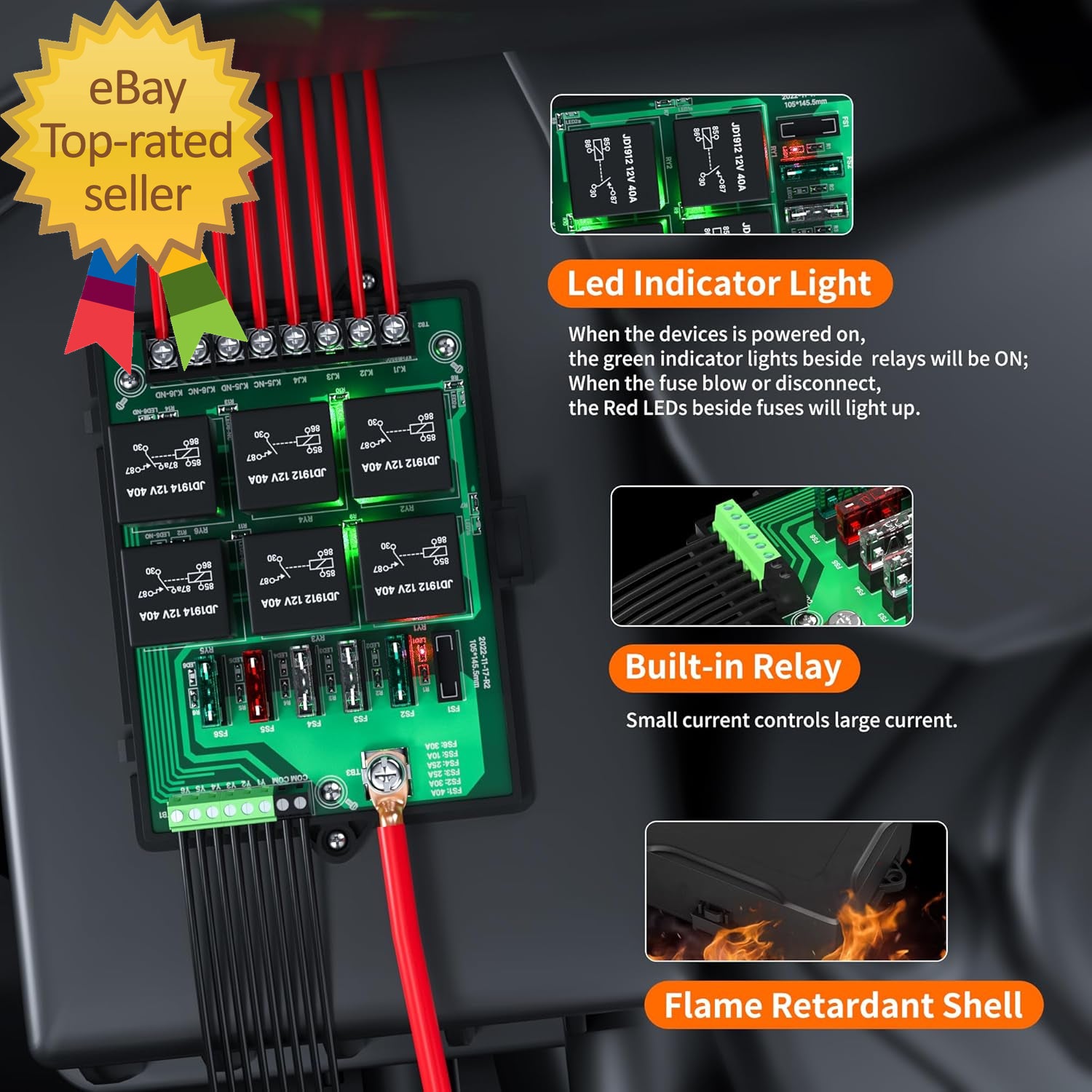 12V Automotive Universal Relay and Fuse Panel with 6-Way Relays
