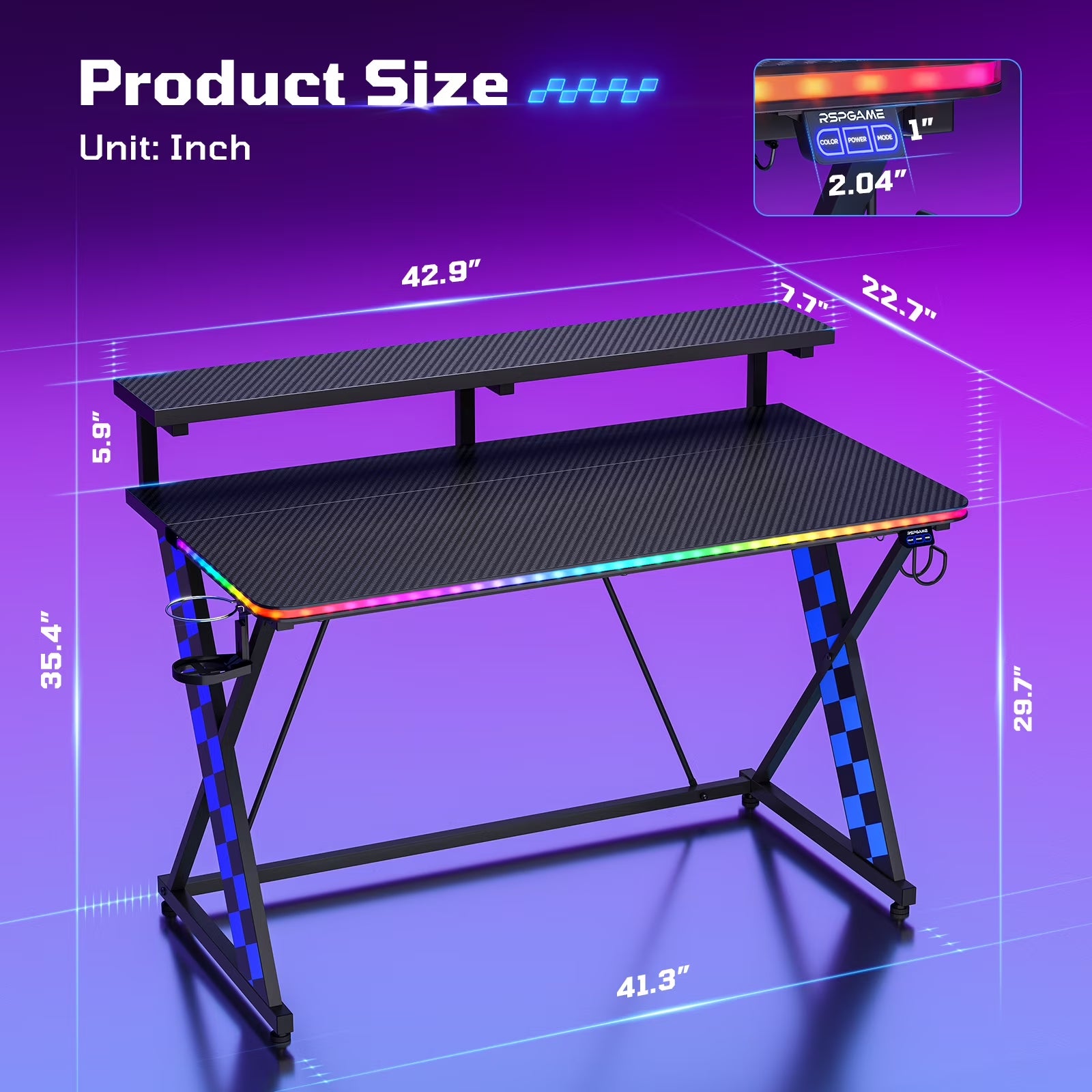 43" Music Sync LED Gaming Desk,X-Shape Ergonomic Monitor Stand Gamer Table,Pc Desk with Dynamic Lighting,Color Changing Office Desks,Blue Racing