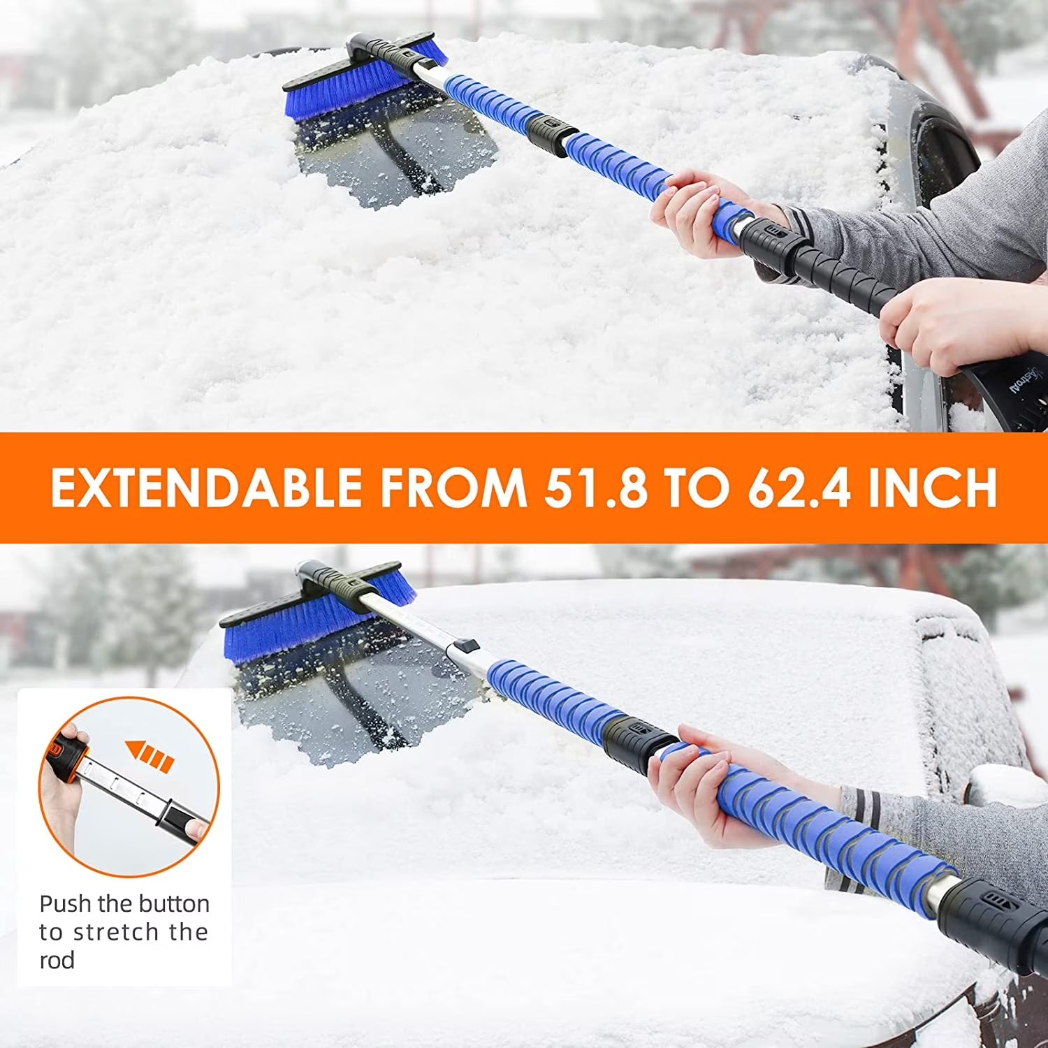 Ice Scraper and Extendable 62.4" Snow Brush, Snow Scraper for Car Windshield with 360° Pivoting Brush Head for Car, Blue