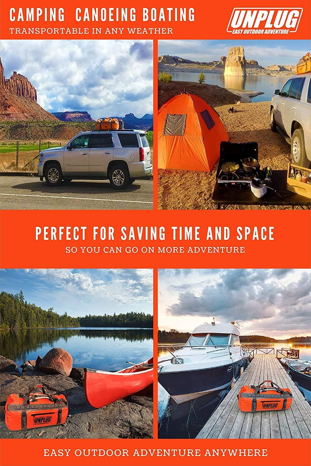 UNPLUG Ultimate Adventure | 1680D Heavy Duty Waterproof Bag | Large Travel Bag Which Can Be Used for Camping, Motorcycling, Boating, or Hunting|155L Adventure Orange