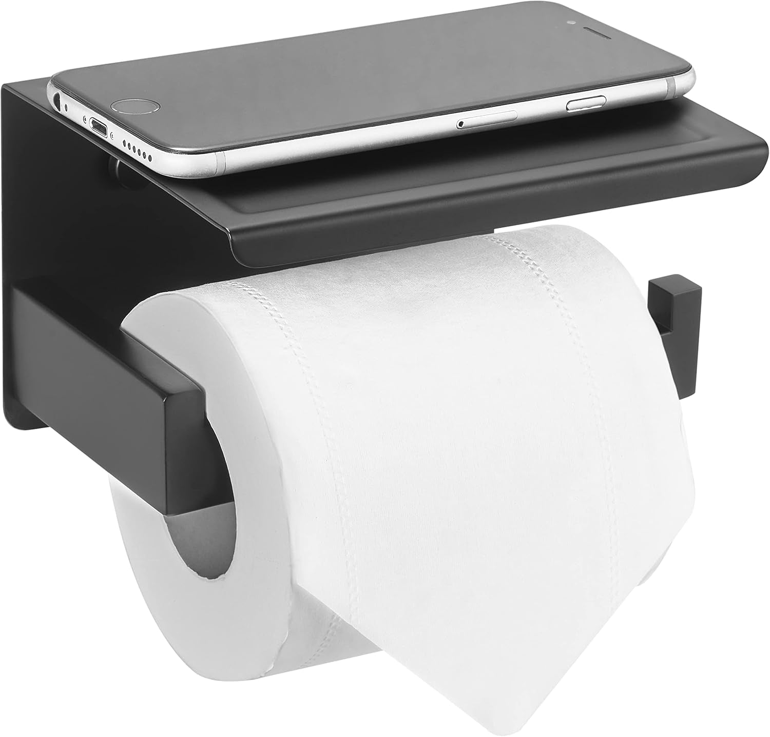 Sleek Matte Black Toilet Paper Holder with Shelf - Self-Adhesive or Wall-Mount for Stylish Bathrooms