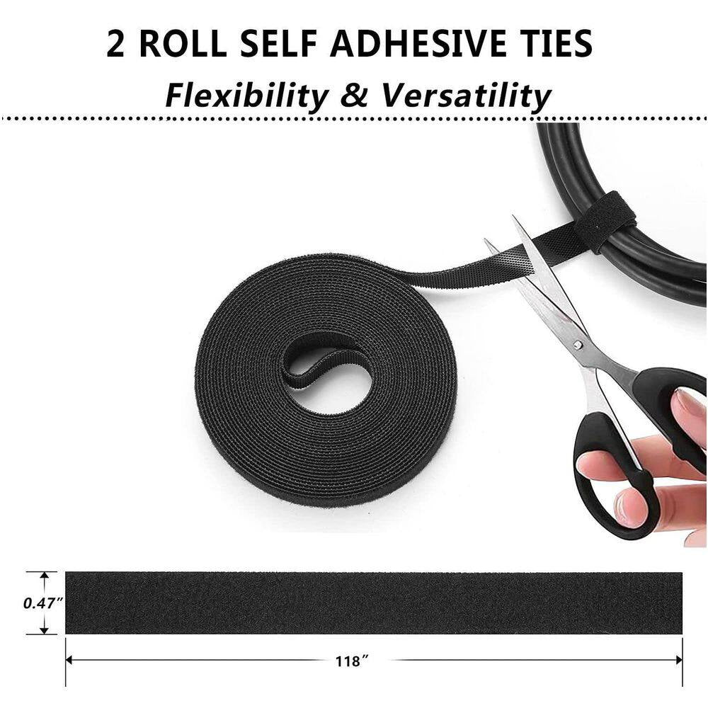 Cord Management Organizer Kit 4 Cable Sleeve Split 41 Self Adhesive Clips Holder 10-Piece 2 Roll Self-Tie 100 Ties Black