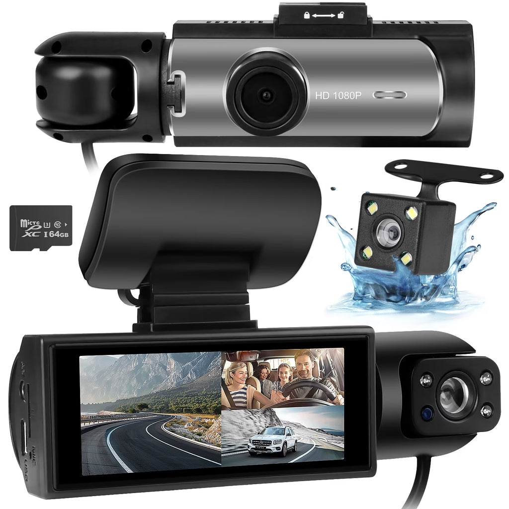 AILKIN Dash Cam Front and Rear,Full HD 1440P/1080P Dash Cam 3.16In Large Screen Dash Camera for Cars with Night Vision Free 64GB Card,G-Sensor,3 Channel Dash Cam Front and Rear inside Loop Recording