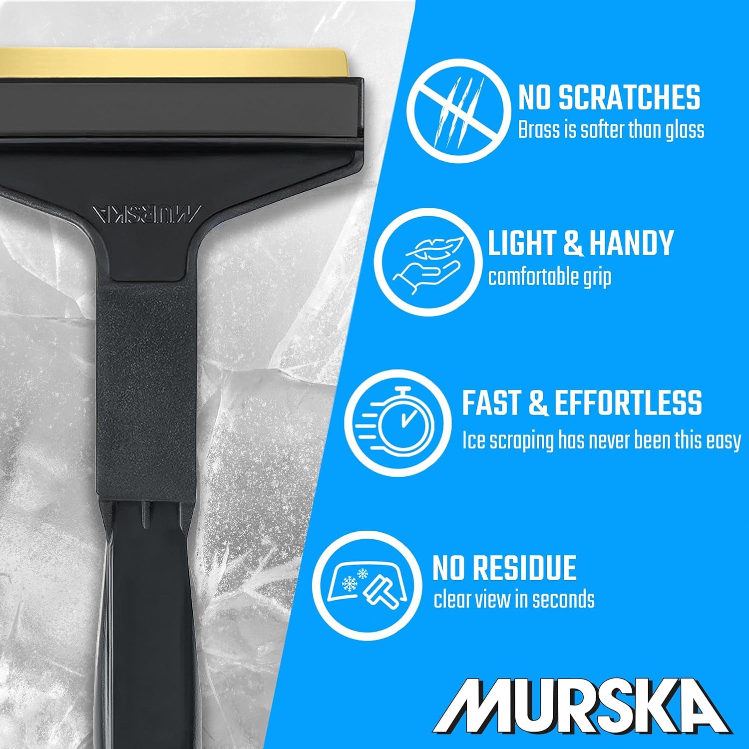 Premium Long Handle Brass Ice Scraper - 14.5 Inch Snow Removal Tool for Cars - Original Murska from Europe (L&P A055 Black Gray)