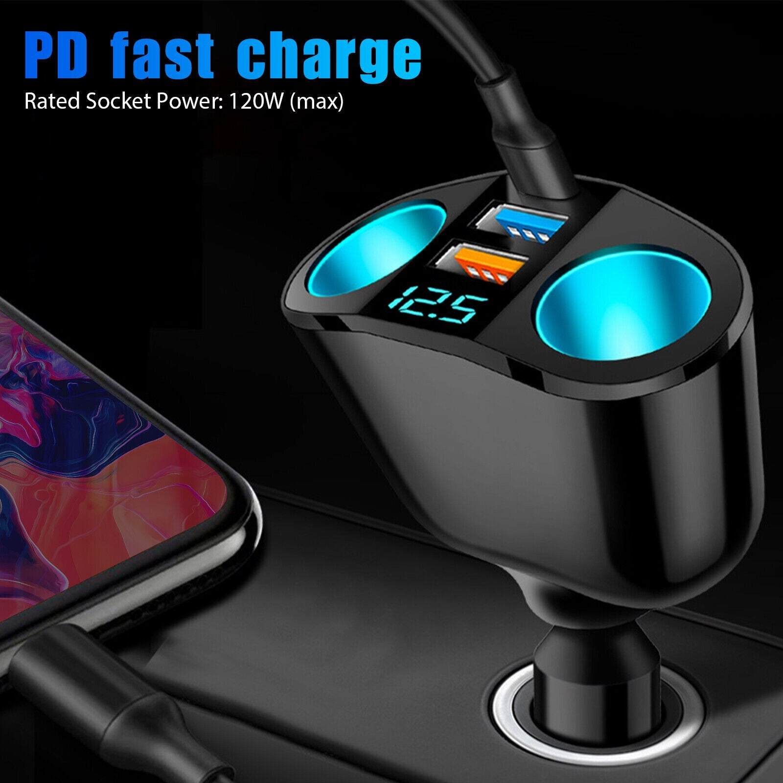 Dual USB Car Cigarette Lighter Socket Splitter Power Adapter with LED Indicator