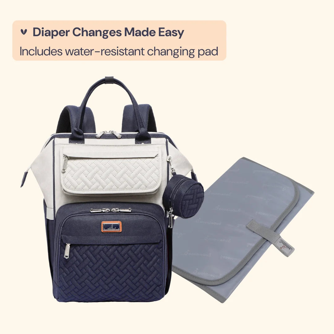 Babbleroo Wide Top Diaper Bag Backpack- Stone Gray & Blue