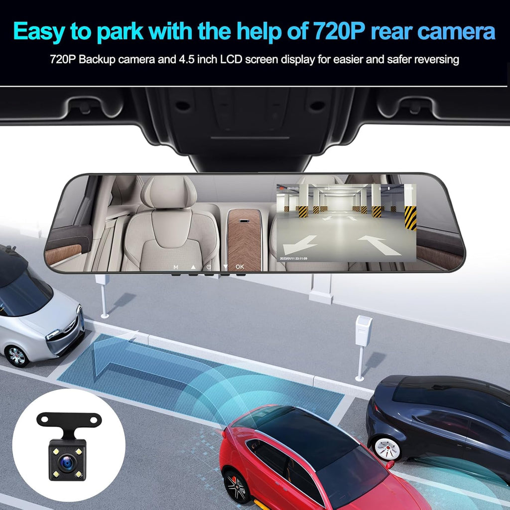 4 Inch Mirror Dash Cam,1080P Rear View Mirror Camera for Cars,Dual Dash Cameras Front and Rear HD Night Vision,24H Parking Monitoring,Loop Recording, Motion Detection,Reversing Assistance,32Gb TF Card