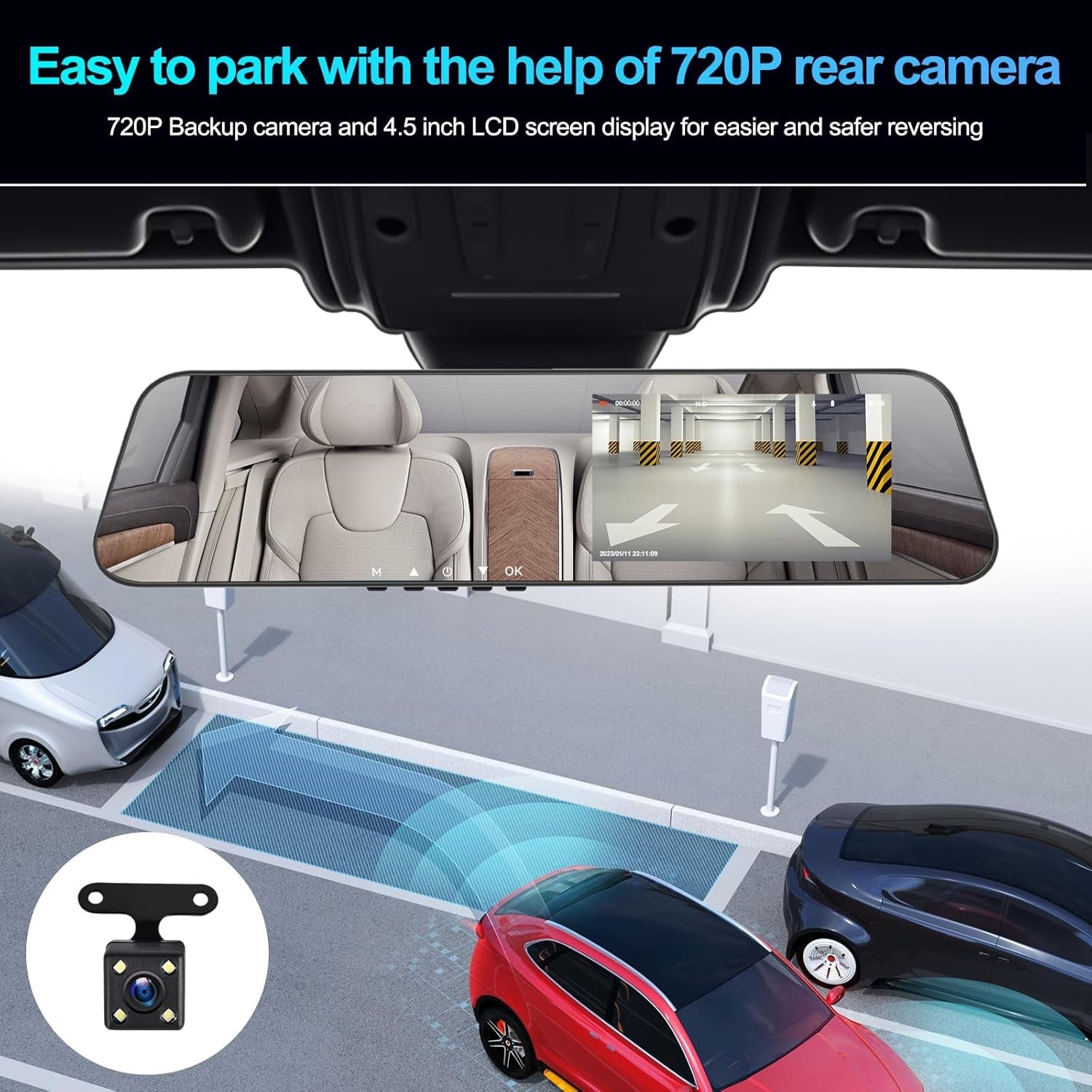 4 Inch Mirror Dash Cam,1080P Rear View Mirror Camera for Cars,Dual Dash Cameras Front and Rear HD Night Vision,24H Parking Monitoring,Loop Recording, Motion Detection,Reversing Assistance,32Gb TF Card