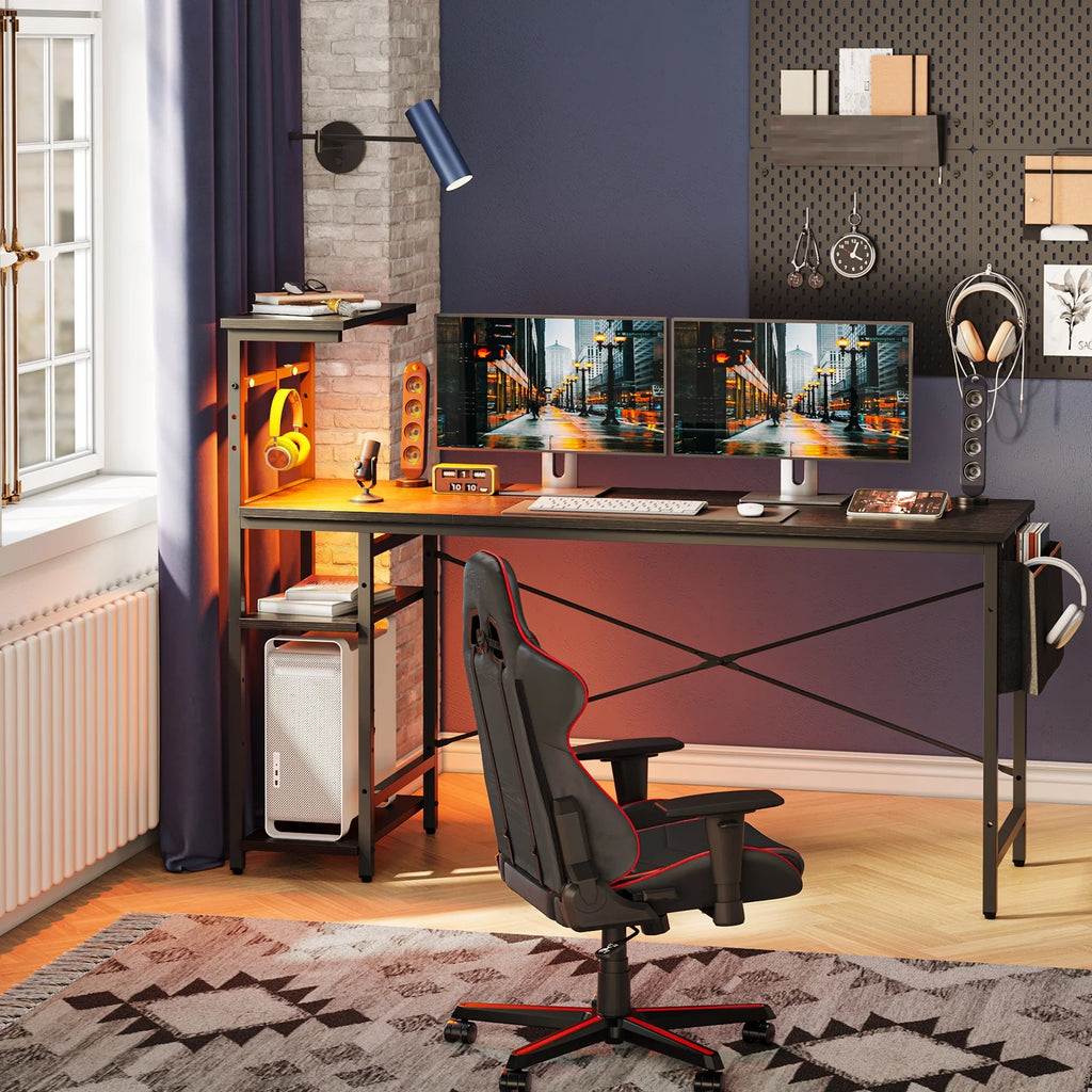 61" Reversible Gaming Desk Computer Desk with LED Lights 4 Tier Shelves Black