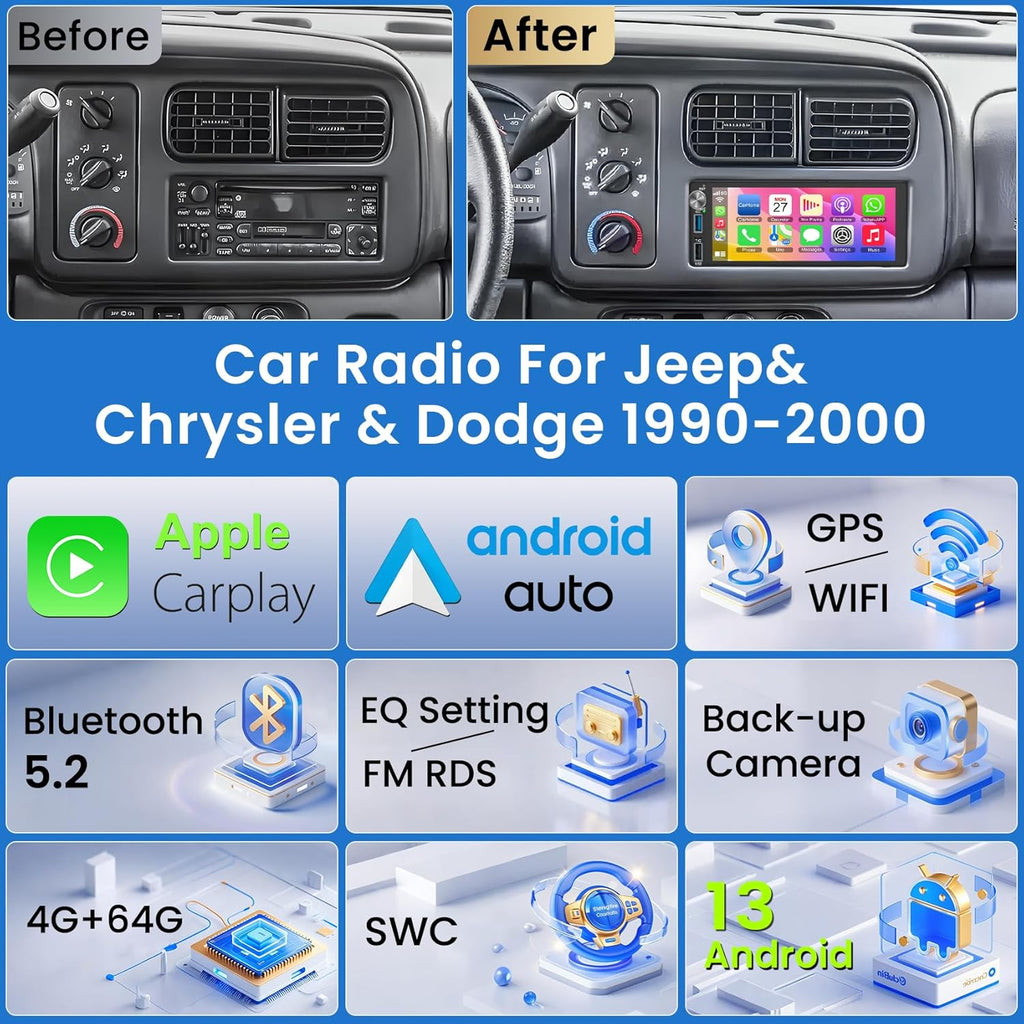 4G+64G Android 13 Car Radio for Dodge Ram (1994-2001)& Chrysler Town and Country (1990-2000) & Jeep Grand Cherokee (1993-1998), 6.2''Touch Screen Stereo with Wireless Carplay&Android Auto