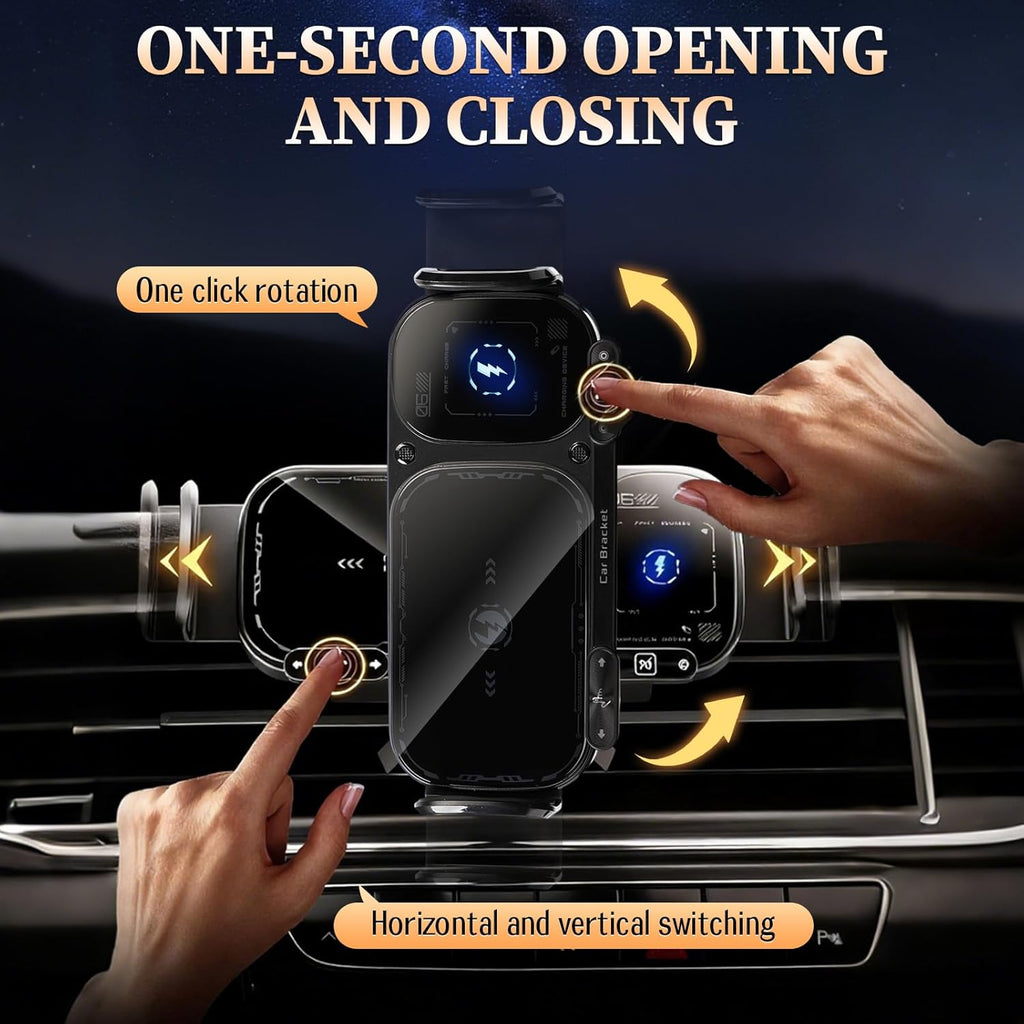 Wireless Charging Rotating Car Mount, 15W Fast Charger with Auto Clamping, One-Click 90° Rotation, 360° Rotation, Anti-Shake Technology, Foldable Phone Fit