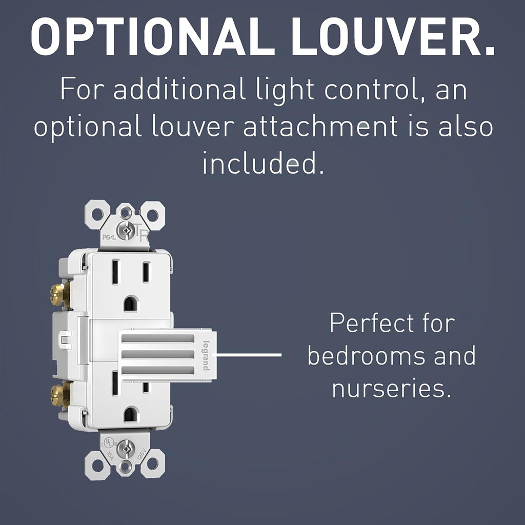 Legrand Radiant Adjustable LED Night Light Outlet - Safe, Tamper Resistant Design for Kids - White NTL885TRWCC6