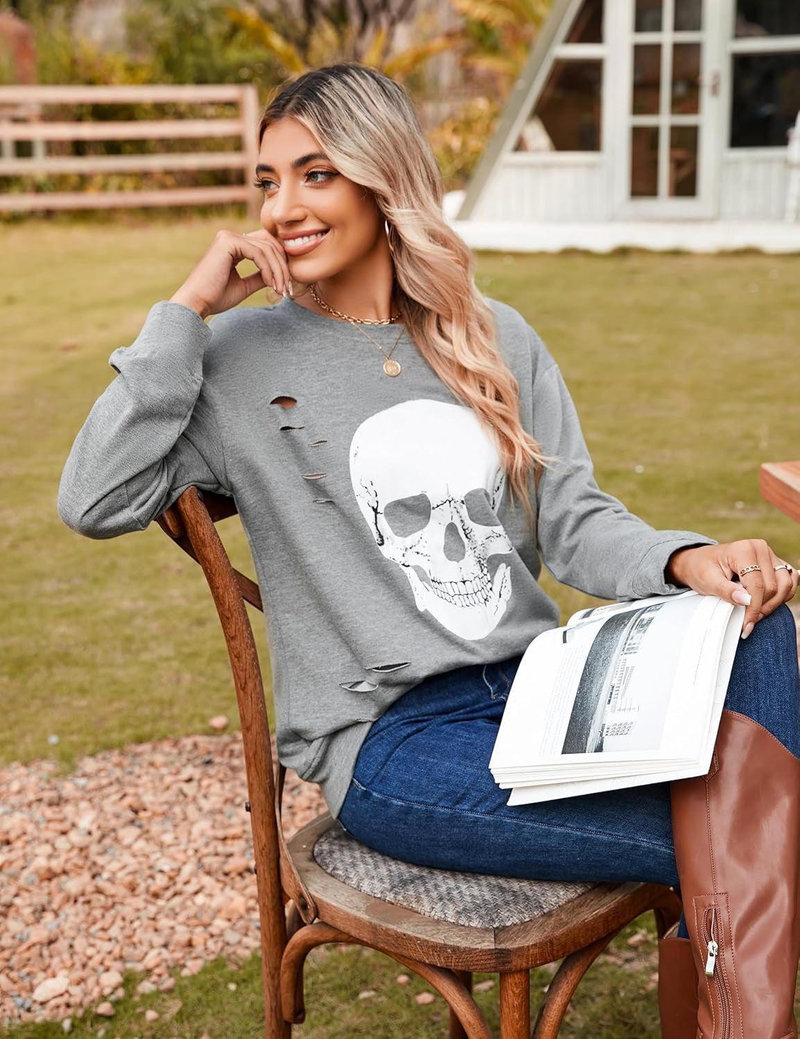 Blooming Jelly Women'S Halloween Sweatshirts Skull Graphic T Shirts Long Sleeve Pullover Tops Gothic Fall Clothes 2025