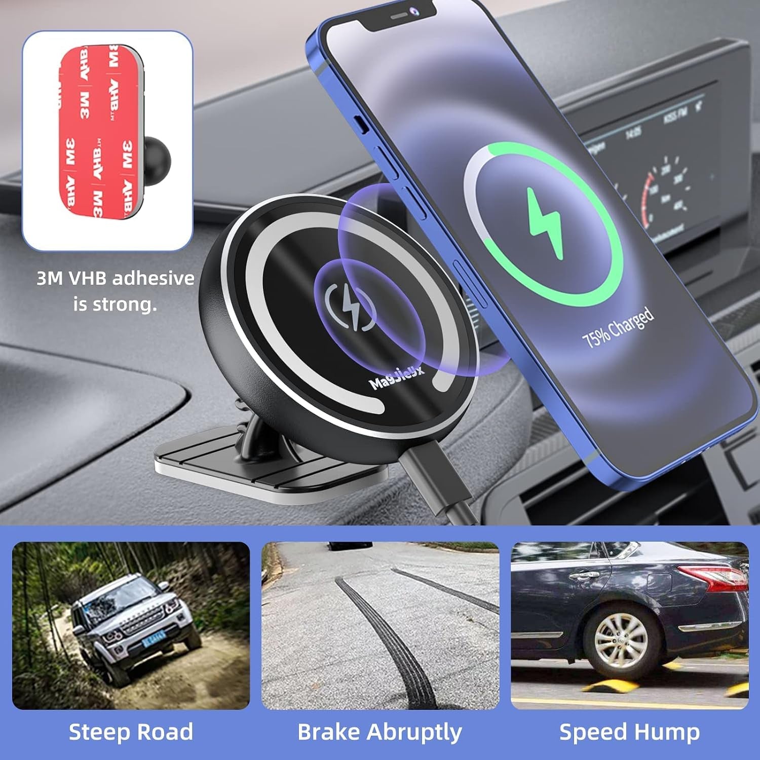 MAGJIEYX for Magsafe Car Mount Charger for Magnetic Wireless Charging for Iphone12/13/14/15/16Pro,Pro Max,Plus,Mini,Vent&Dashboard Strong Magnets Phone Holder with Fast 36W QC 3.0 Adapter(Dark Black)
