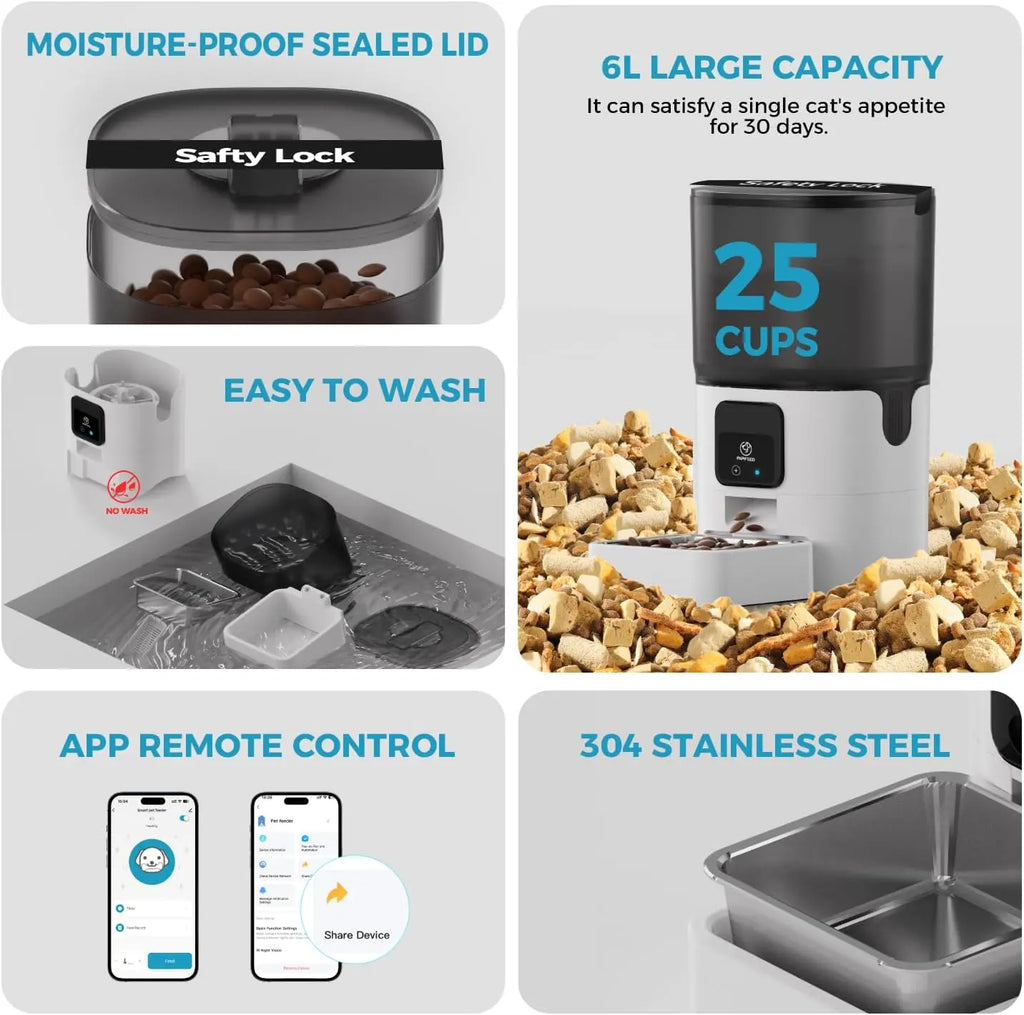 5G WiFi Automatic Cat Feeder: Smart Pet Food Dispenser with Slow Feeding Mode, Detachable Design for Easy Cleaning, Compatible with Alexa, Adjustable for 1-30 Meals per Day (6L/25 Cup Capacity)