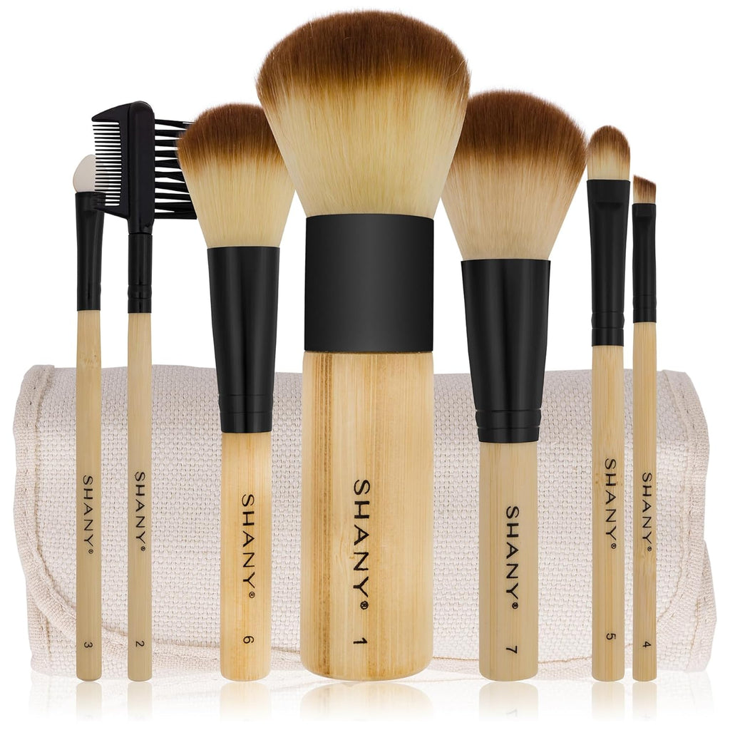 SHANY Vegan Bamboo Makeup Brush Set - 7 Professional Brushes with Premium Synthetic Hair & Stylish Cotton Pouch for Easy Storage
