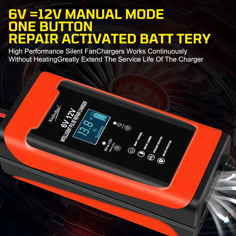 Pulse Repair LCD Display Car Battery Charger Auto Motorcycle 6V 12V 6A Smart Fast Charge Cycle GEL Lead-Acid Charger