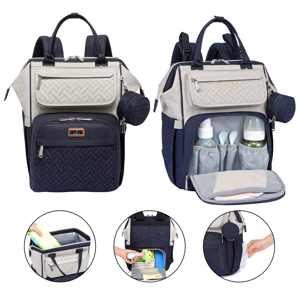 Babbleroo Wide Top Diaper Bag Backpack- Stone Gray & Blue