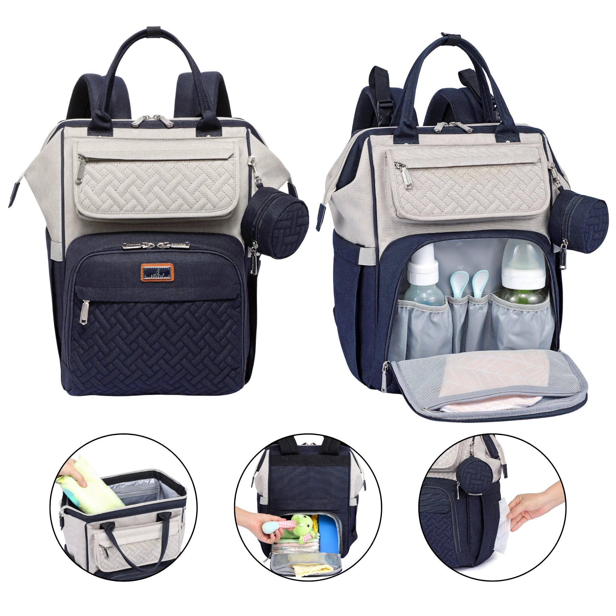 Babbleroo Wide Top Diaper Bag Backpack- Stone Gray & Blue